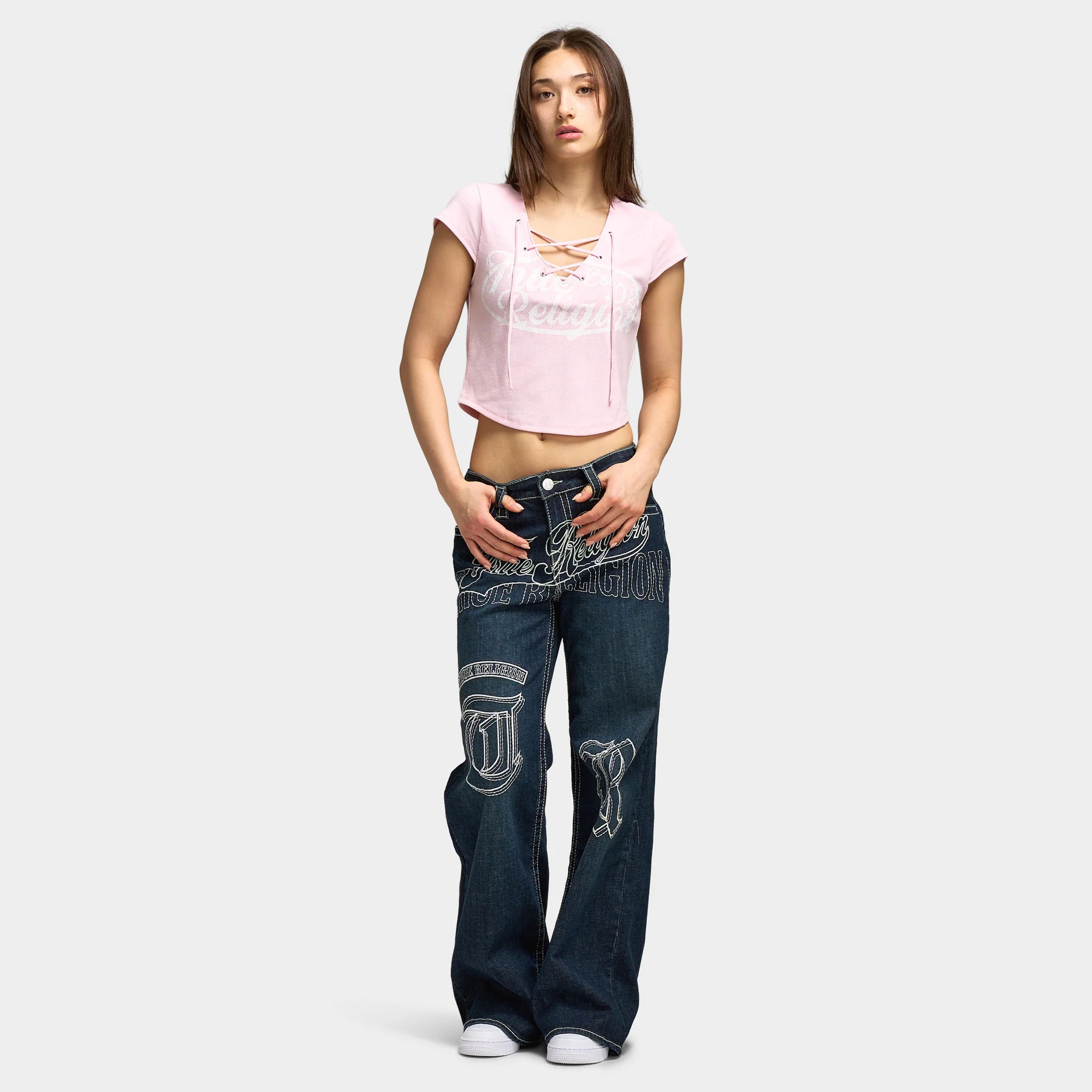 True Religion Women's Lace Up Cap Sleeve Rib Top / Fairy